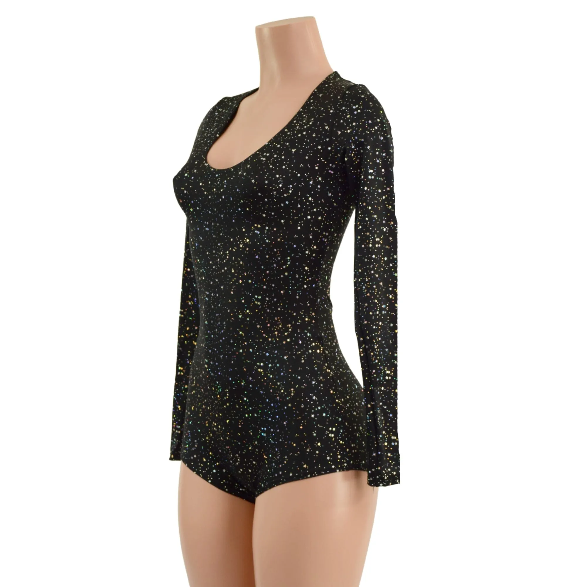 Long Sleeve Star Noir Romper with Scoop Neck and Boy Cut Leg