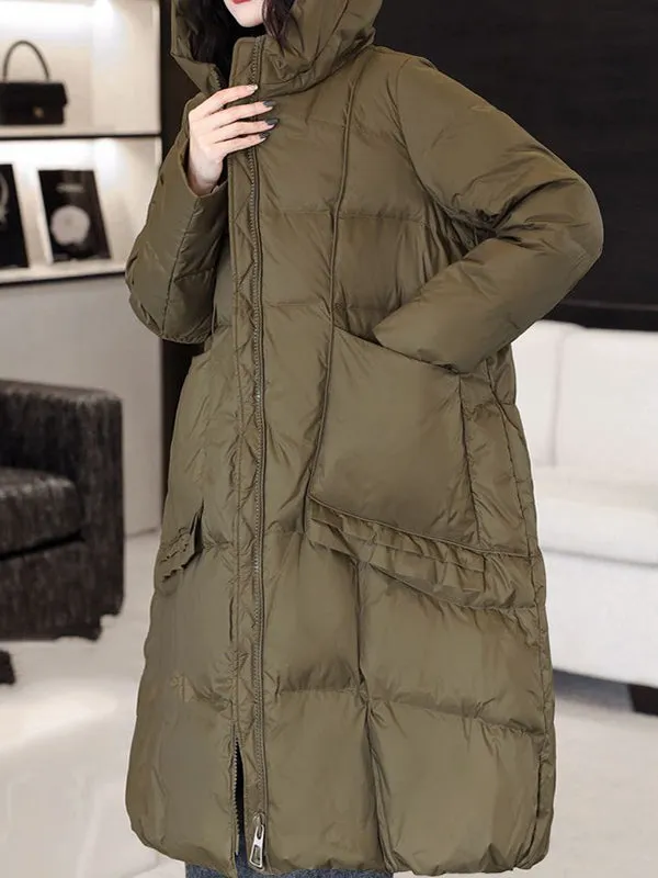 Long Sleeves Loose Pockets Solid Color Split-Joint Hooded Down Coat