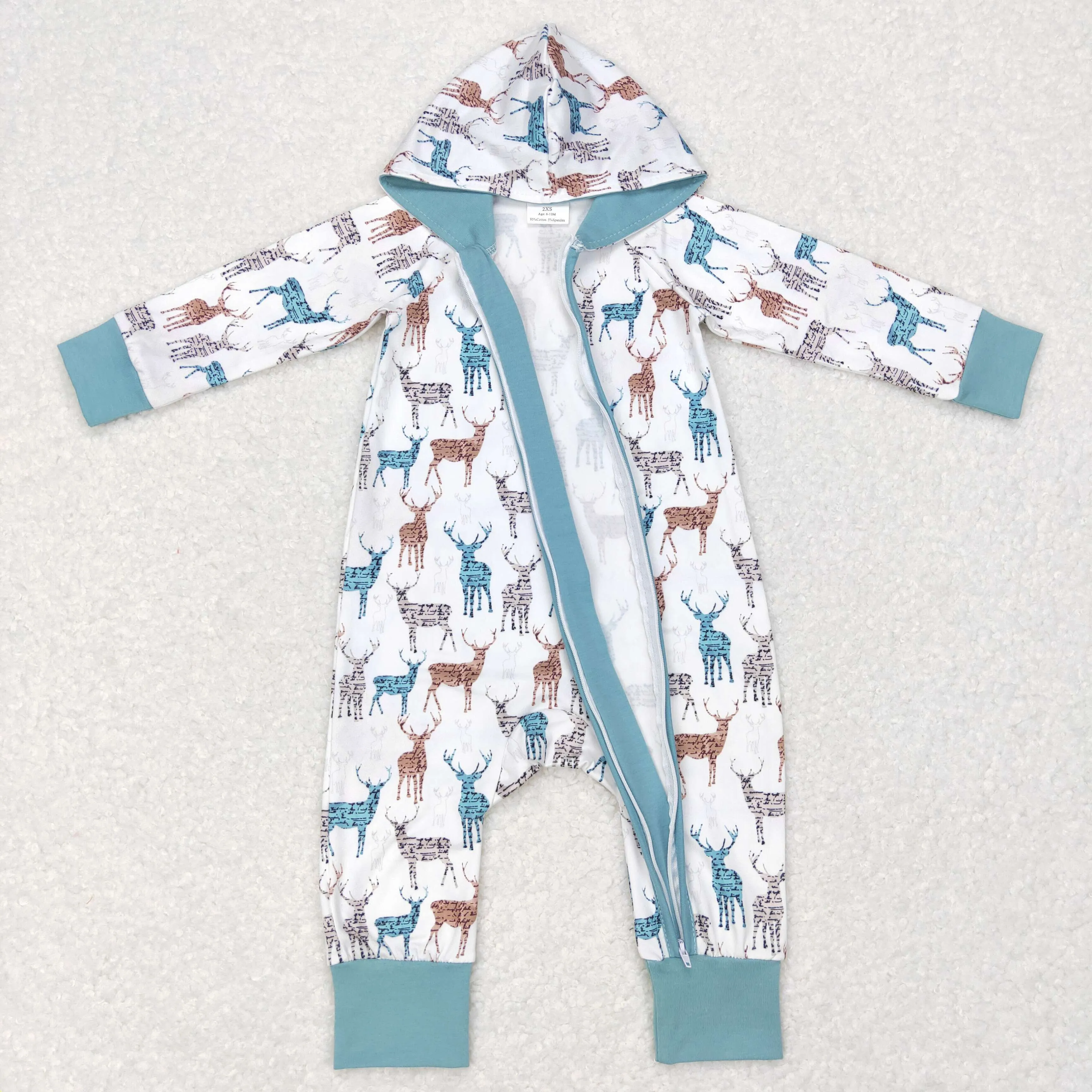 LR0776 baby deer print hooded zipper romper