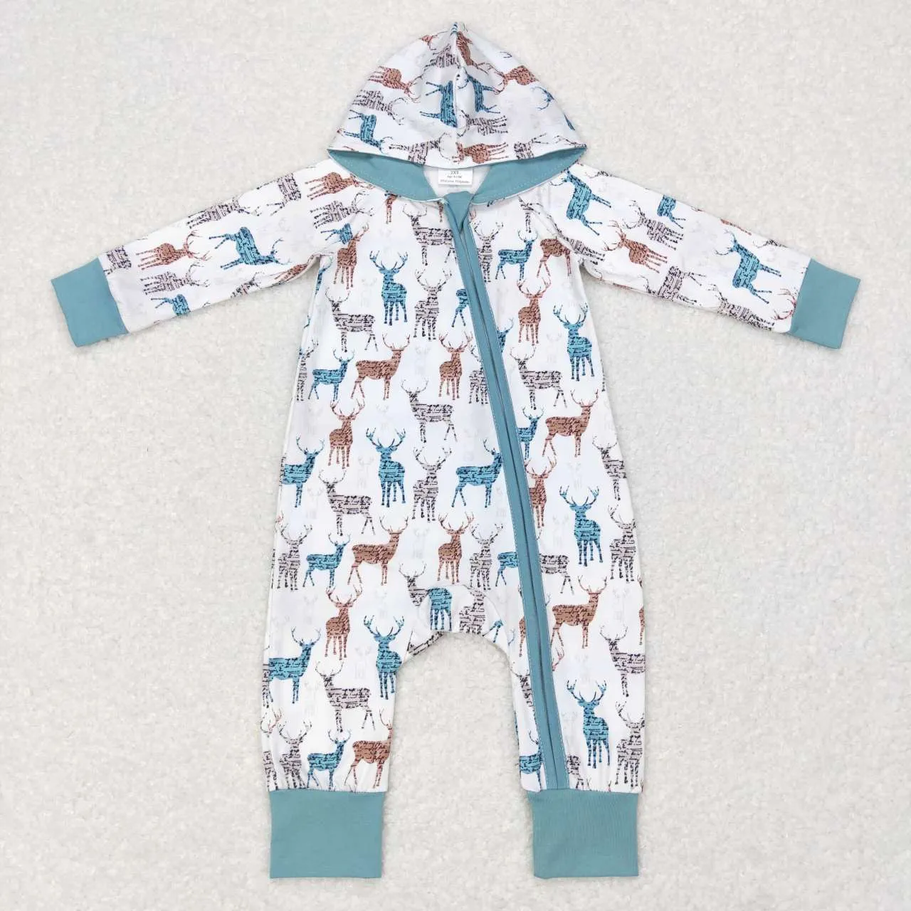 LR0776 baby deer print hooded zipper romper