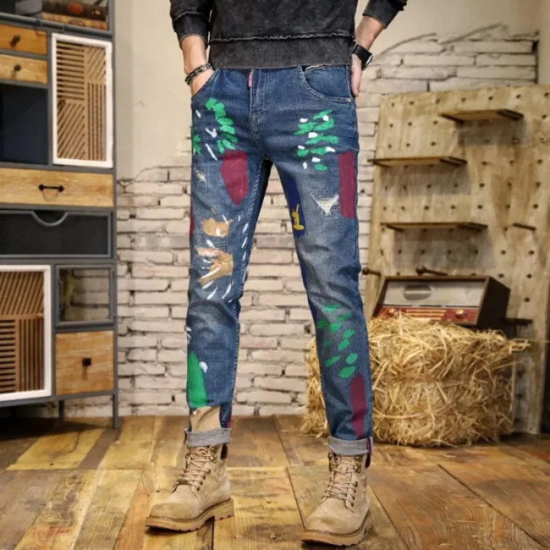 Luxury Men's Paint Print Streetwear Denim Slim Washed Vintage Personality Skinny Pants