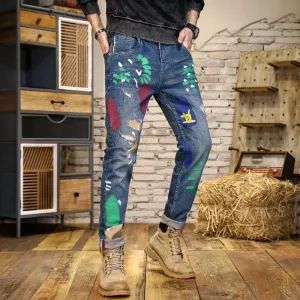 Luxury Men's Paint Print Streetwear Denim Slim Washed Vintage Personality Skinny Pants