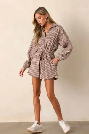 Make The Call Mocha Stripe Long Sleeve Romper