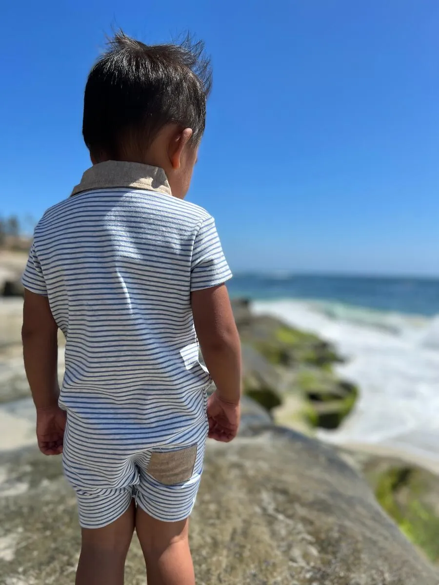 Me & Henry Saltash Polo Romper in Blue / Grey Stripe