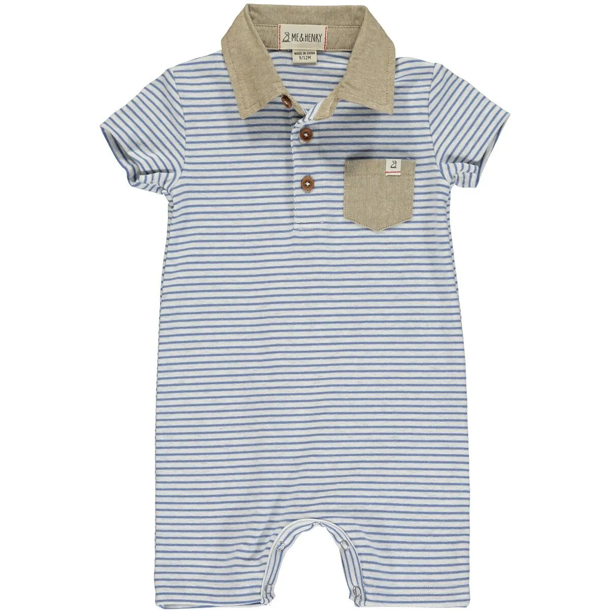 Me & Henry Saltash Polo Romper in Blue / Grey Stripe