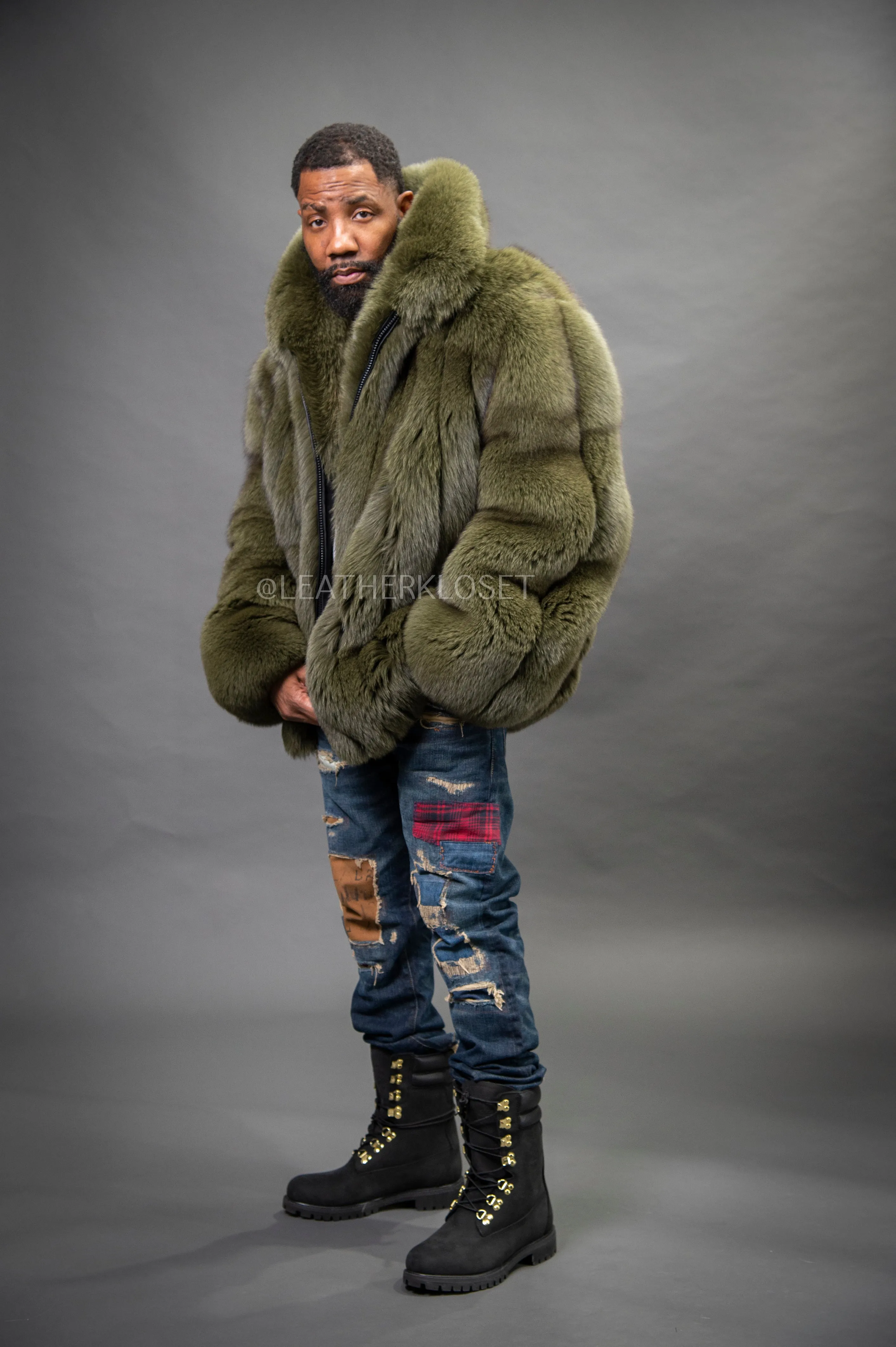 Men's Fox Fur Bomber Jacket [Olive]