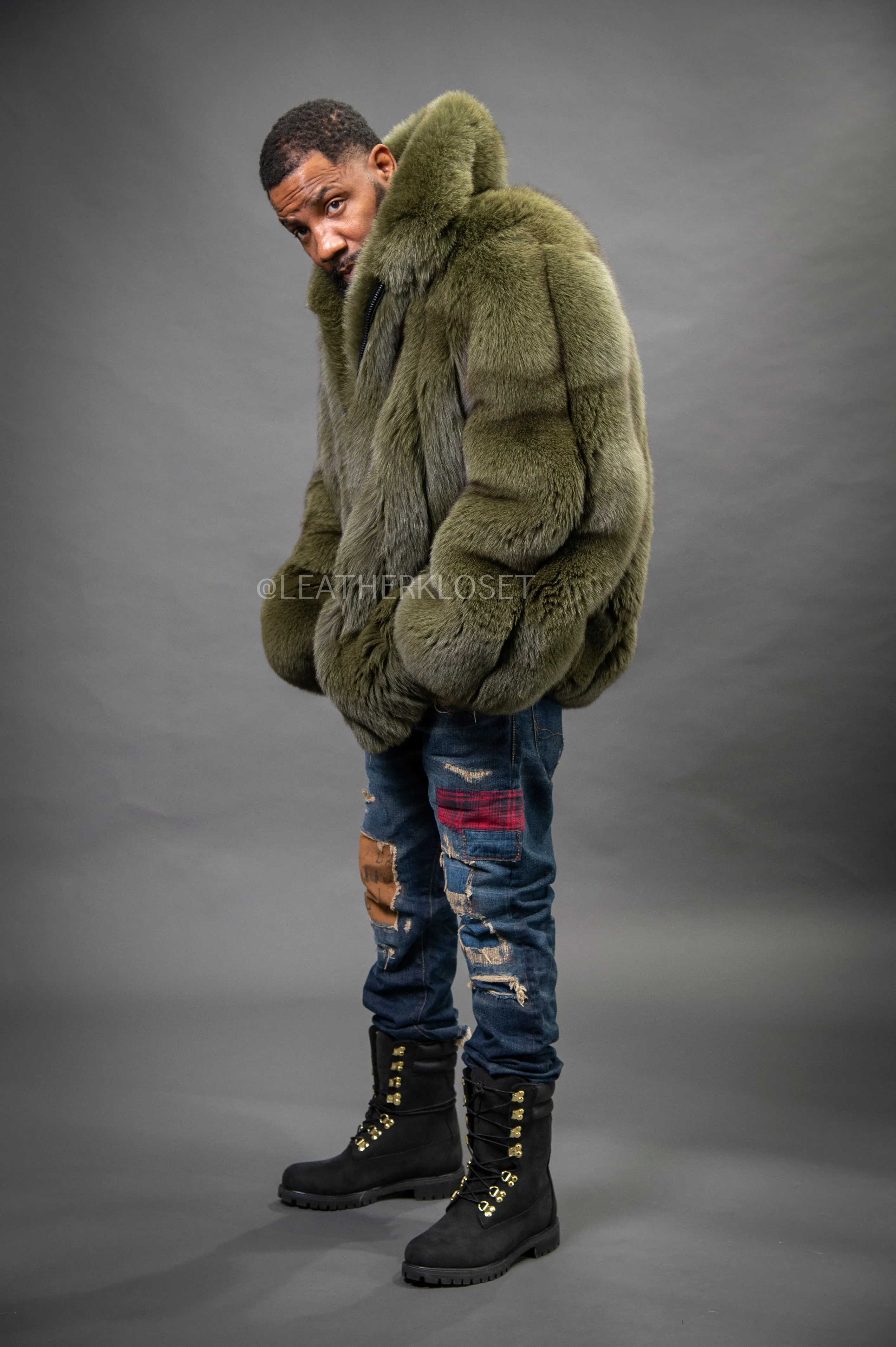 Men's Fox Fur Bomber Jacket [Olive]