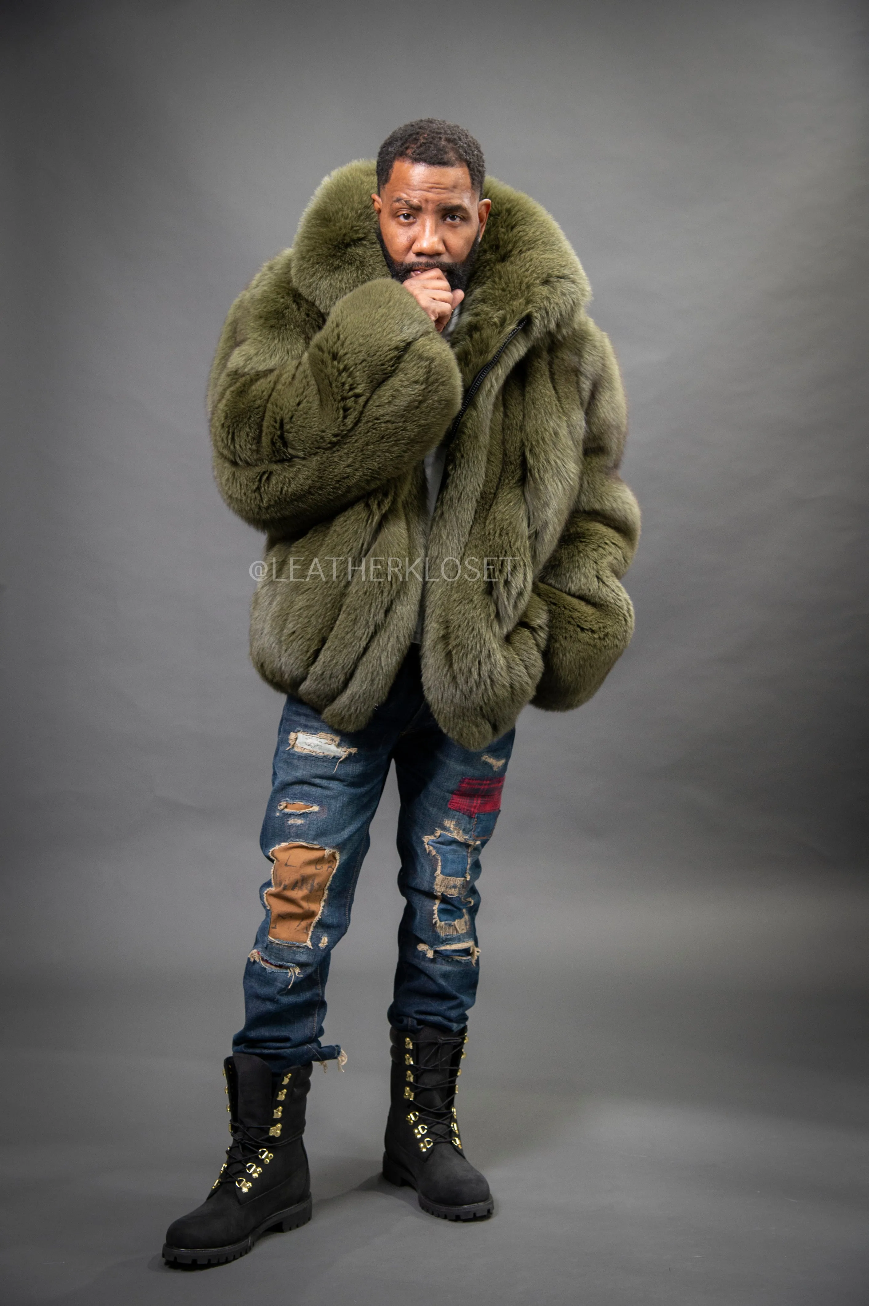 Men's Fox Fur Bomber Jacket [Olive]