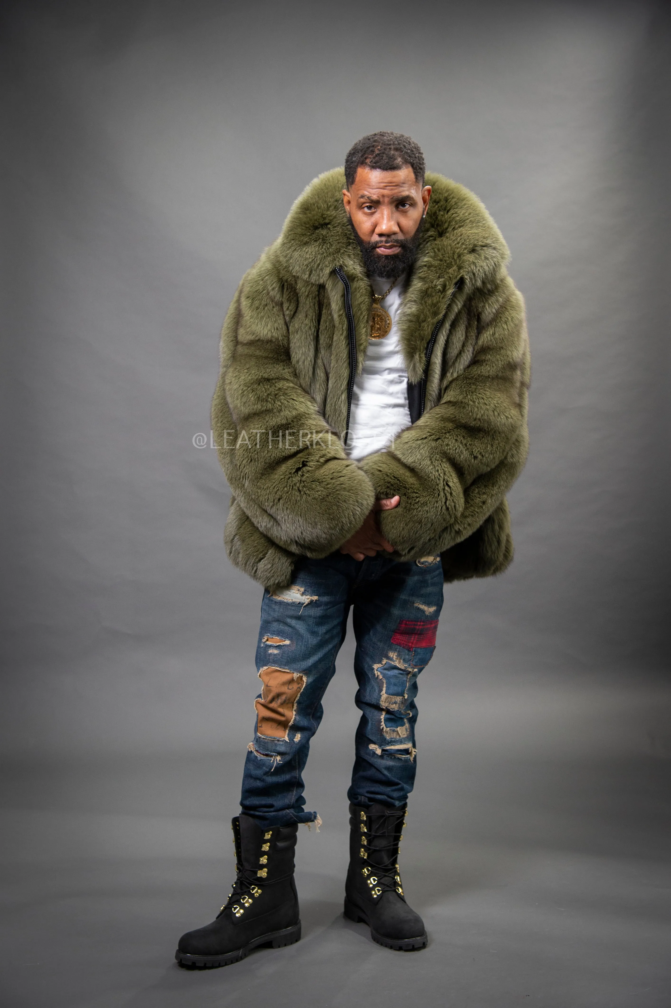 Men's Fox Fur Bomber Jacket [Olive]