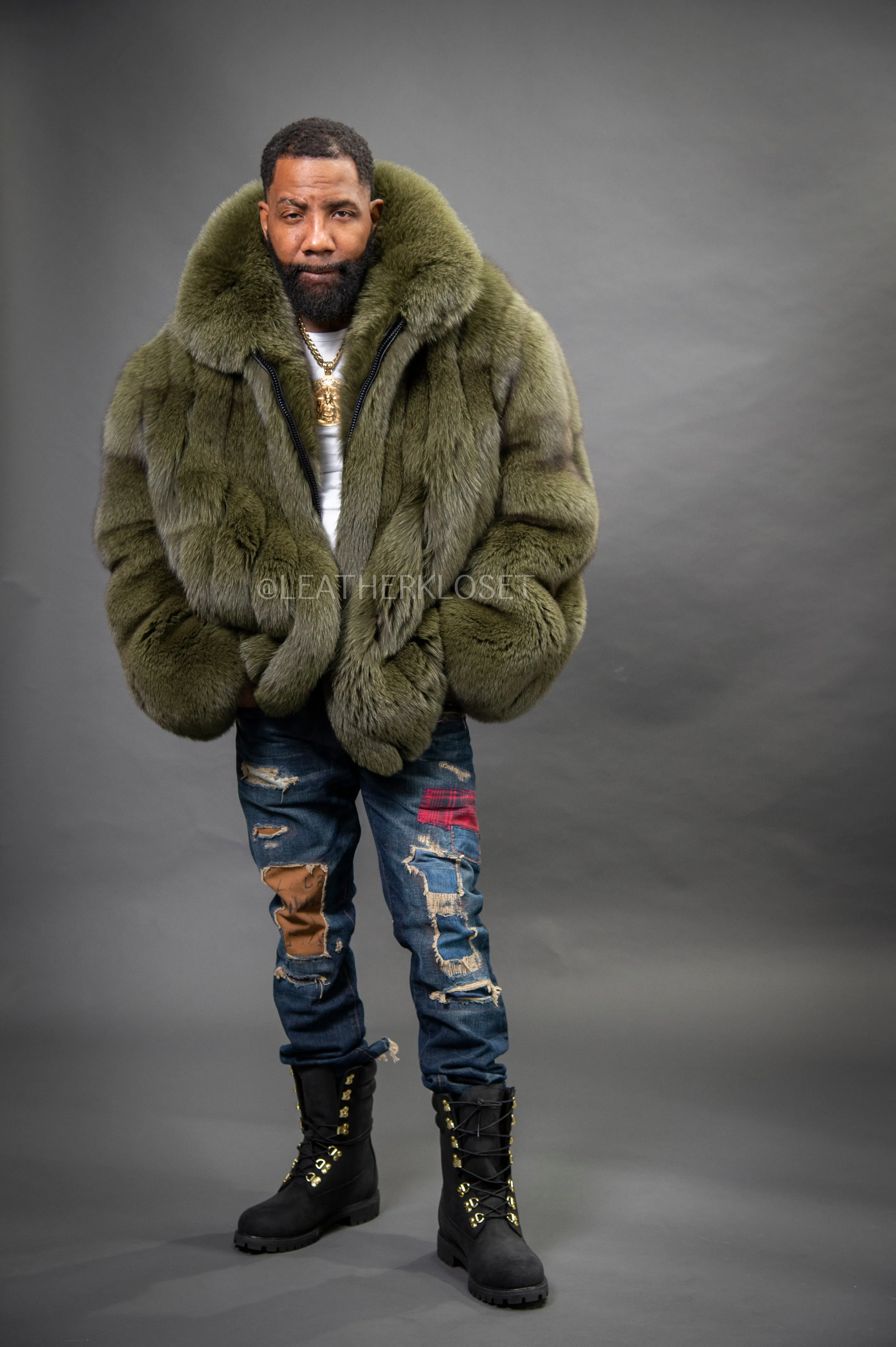 Men's Fox Fur Bomber Jacket [Olive]