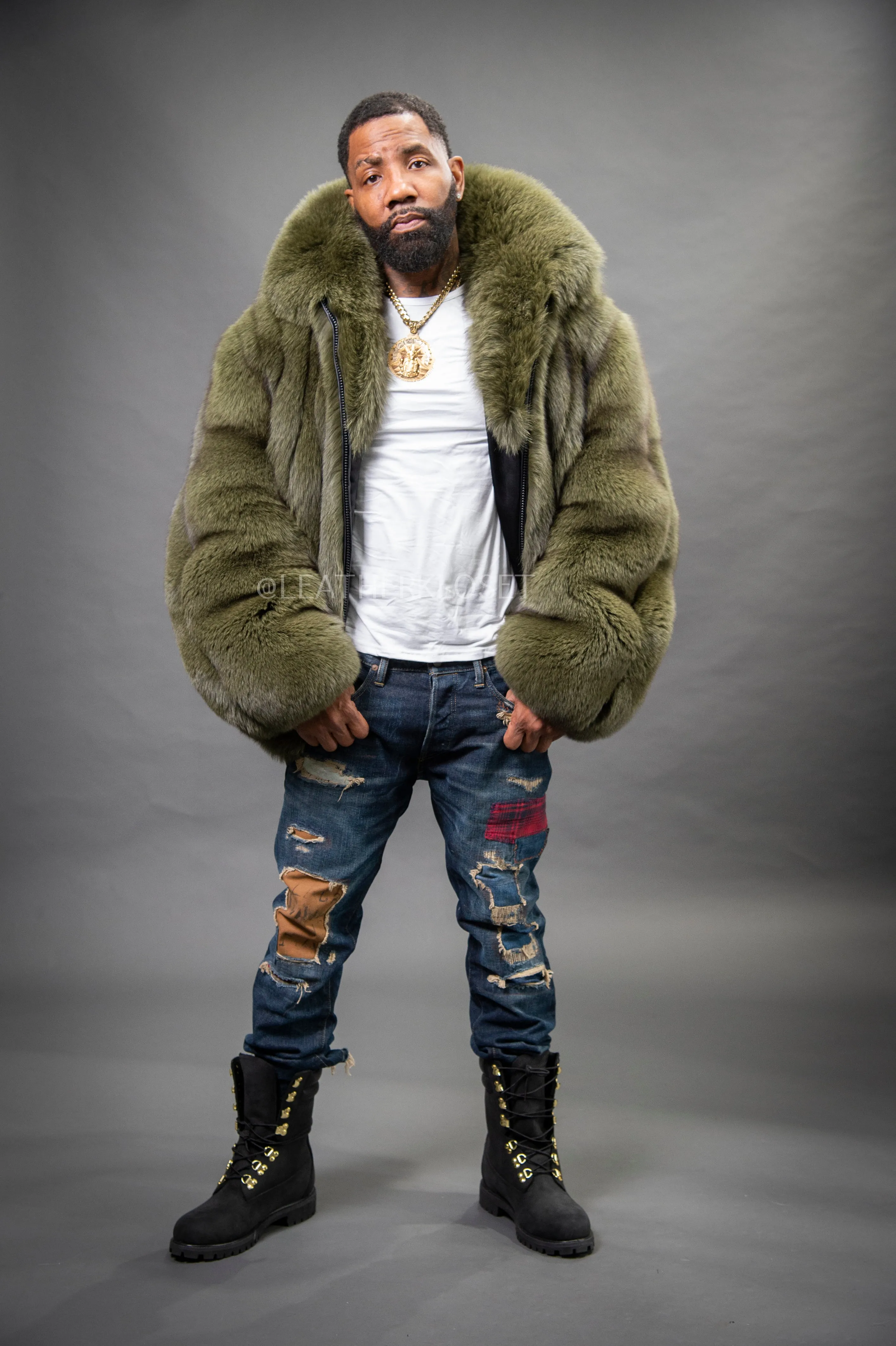 Men's Fox Fur Bomber Jacket [Olive]