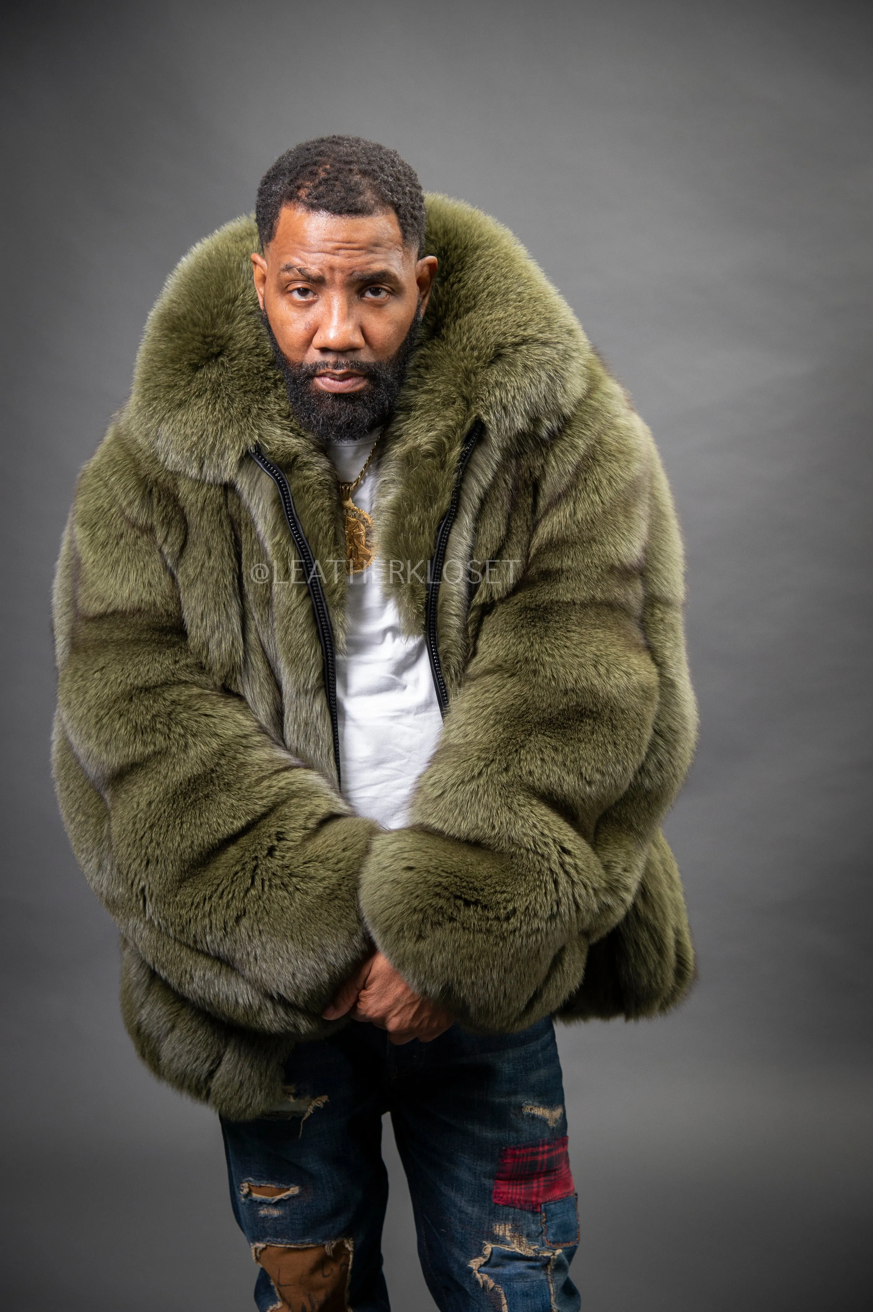 Men's Fox Fur Bomber Jacket [Olive]