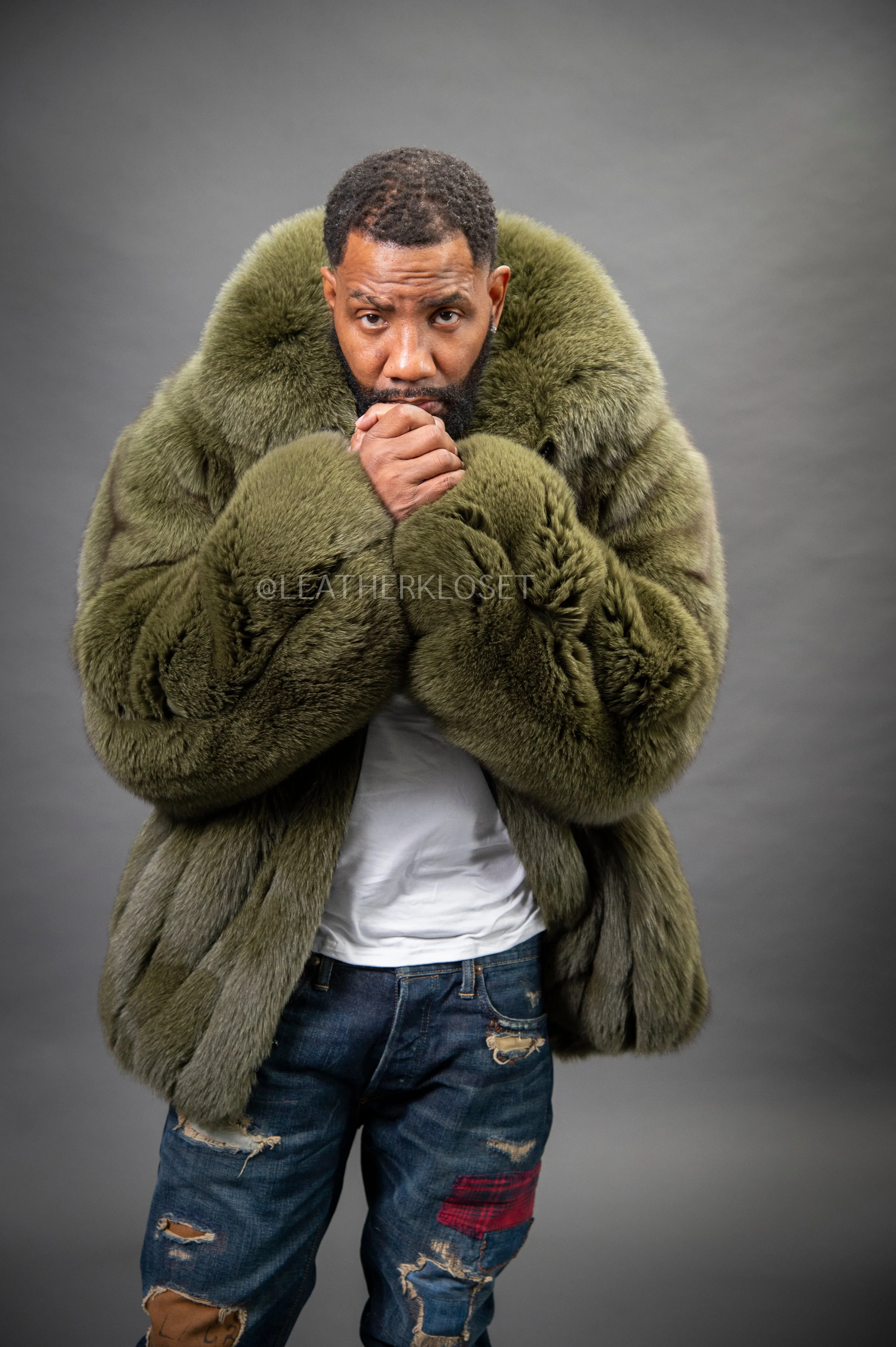 Men's Fox Fur Bomber Jacket [Olive]