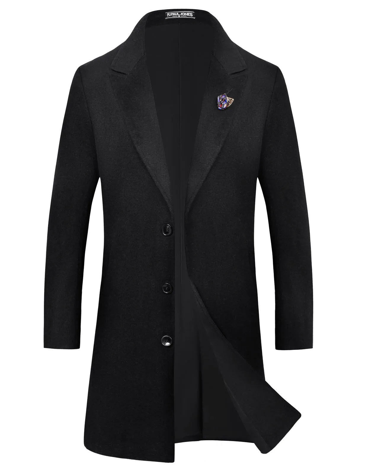 Men's Herringbone Wool Blend Long Overcoat Pea Coat with Brooch