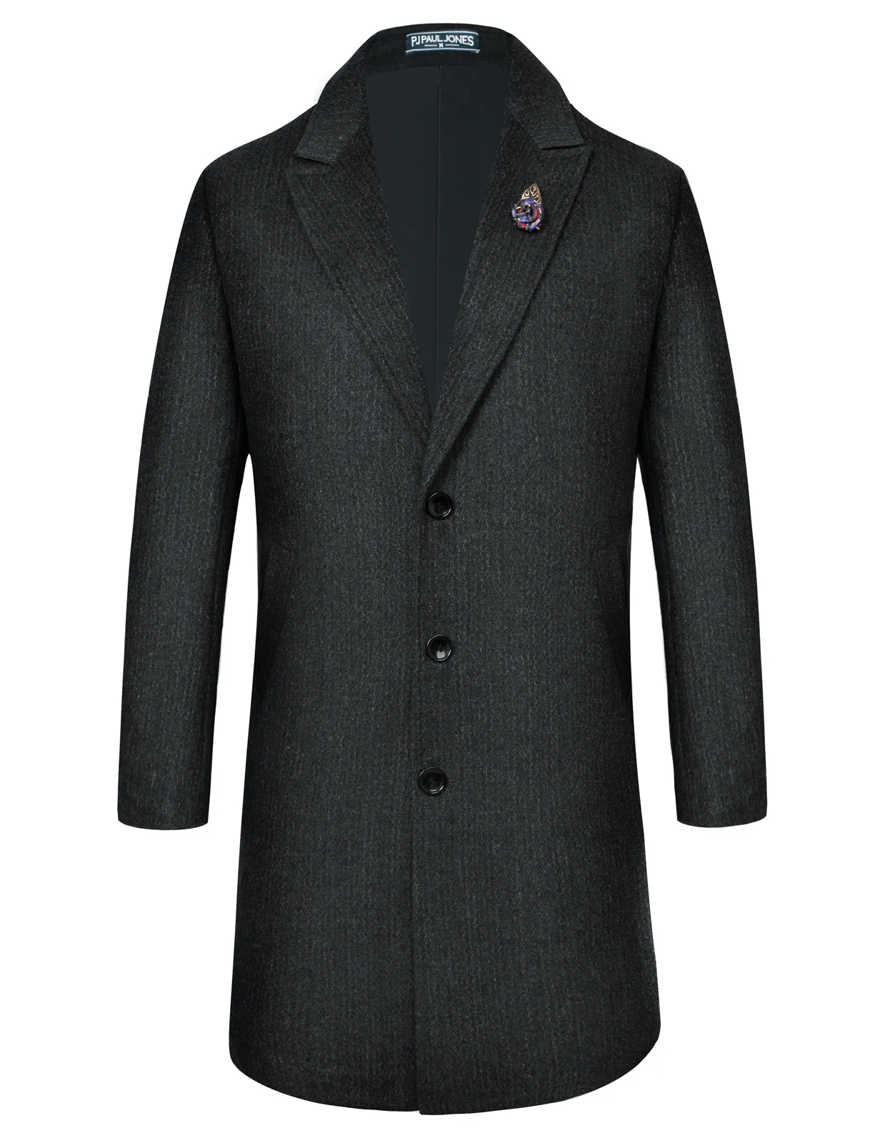 Men's Herringbone Wool Blend Long Overcoat Pea Coat with Brooch