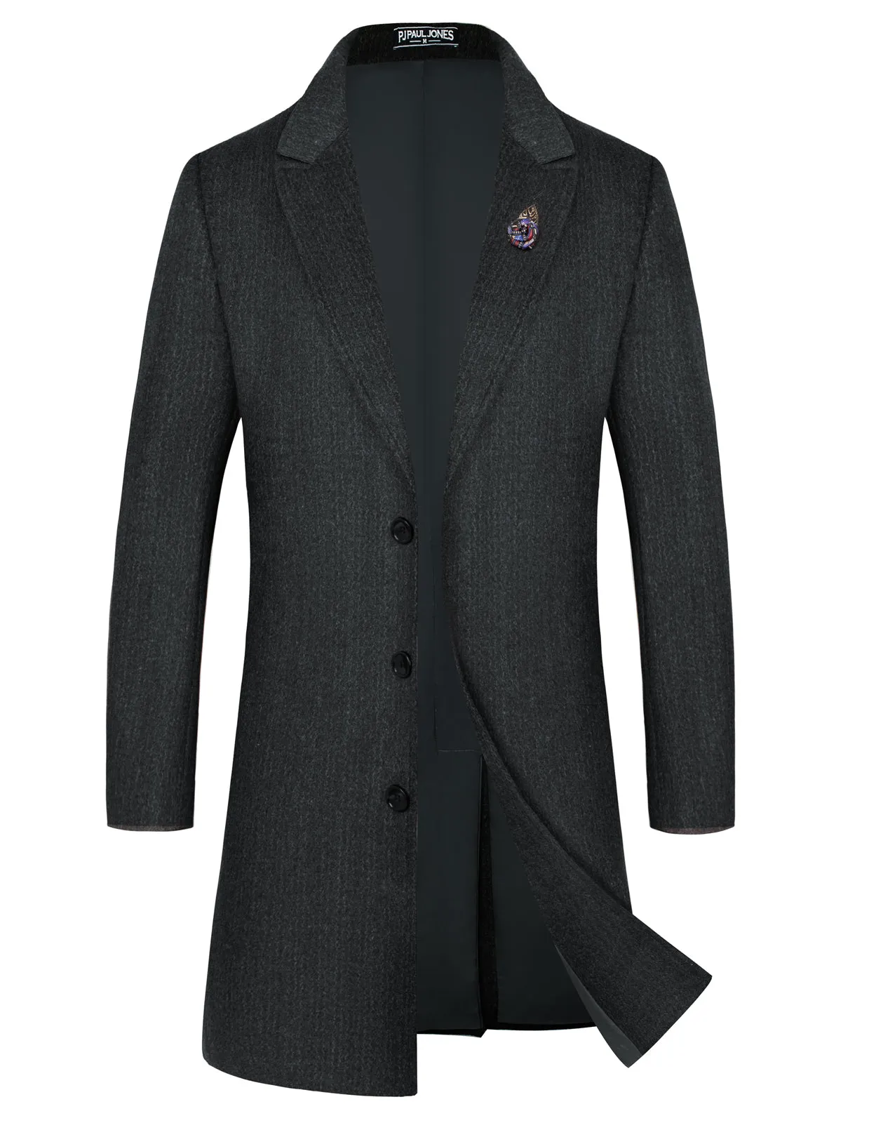 Men's Herringbone Wool Blend Long Overcoat Pea Coat with Brooch