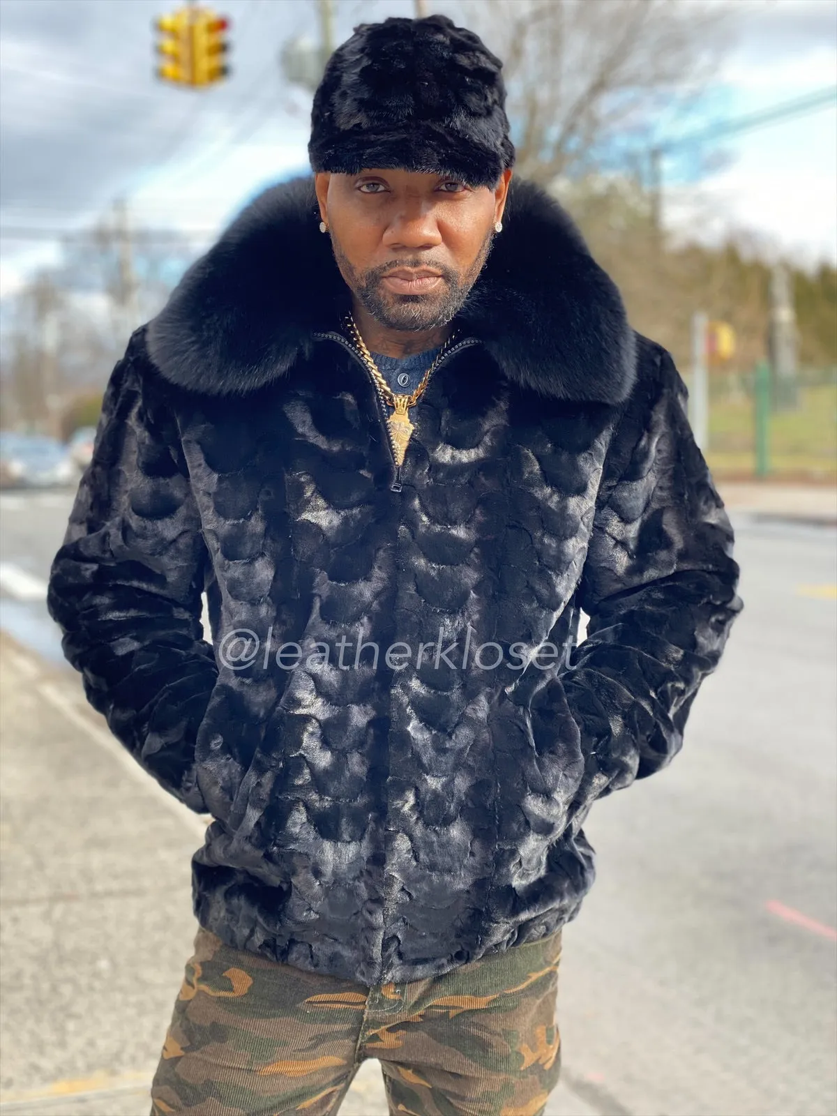 Men's Mink Bomber Jacket With Matching Cap [Black]