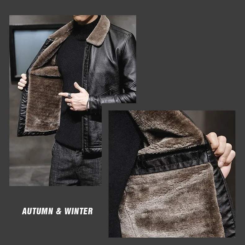 Men's PU Leather Jacket Coats High Quality Business Fur Collar Leather Bomber Warm Jacket | 2053