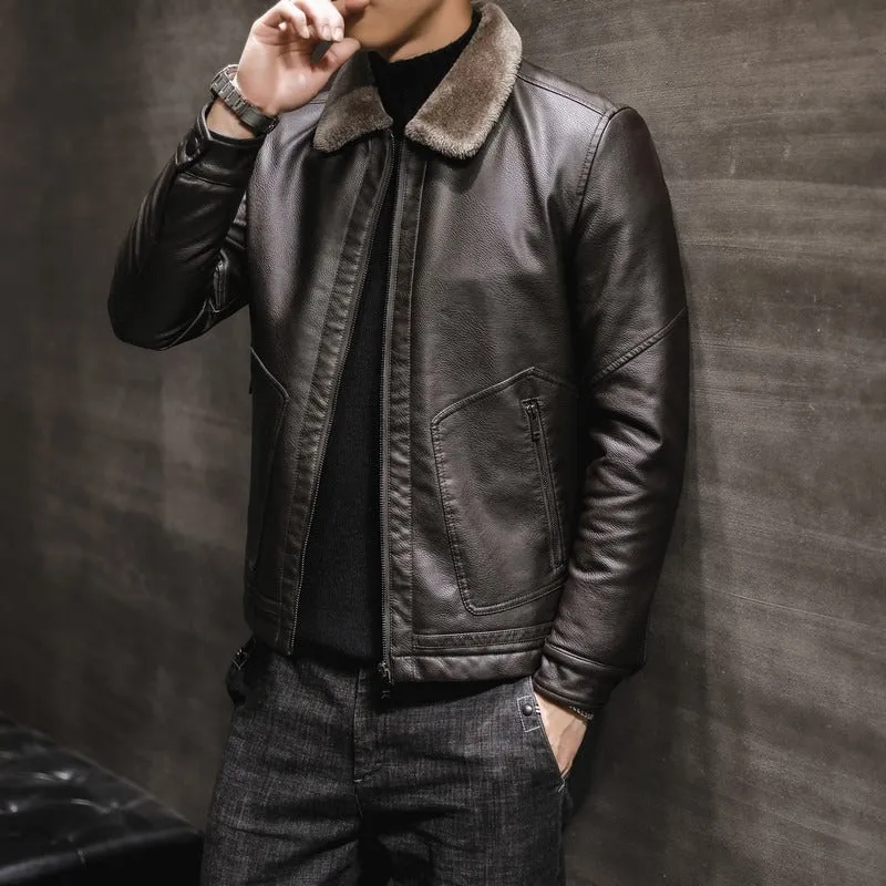 Men's PU Leather Jacket Coats High Quality Business Fur Collar Leather Bomber Warm Jacket | 2053