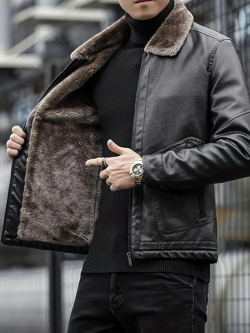 Men's PU Leather Jacket Coats High Quality Business Fur Collar Leather Bomber Warm Jacket | 2053