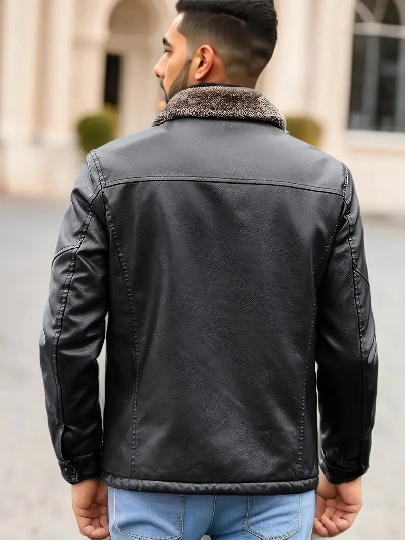 Men's PU Leather Jacket Coats High Quality Business Fur Collar Leather Bomber Warm Jacket | 2053