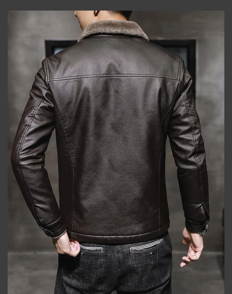 Men's PU Leather Jacket Coats High Quality Business Fur Collar Leather Bomber Warm Jacket | 2053