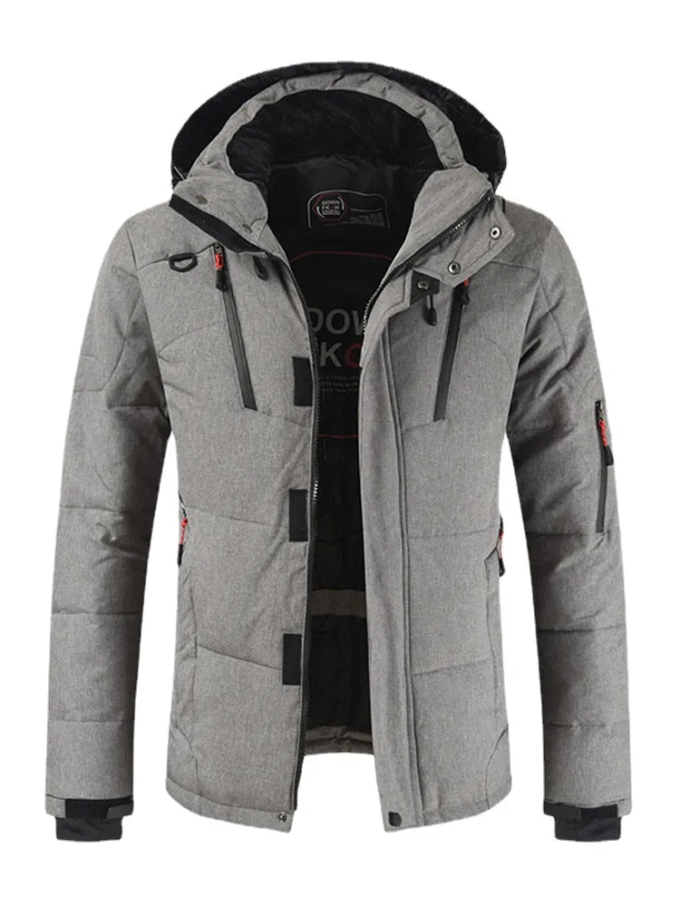 Mens Winter Warm Thicken Zipper Detail Solid Color Hooded Down Coat