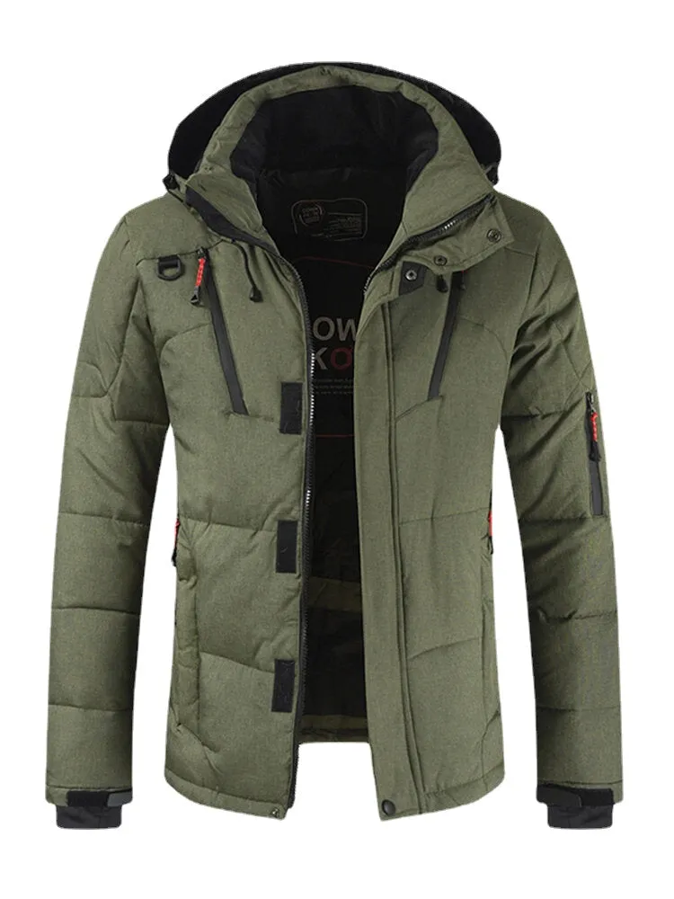 Mens Winter Warm Thicken Zipper Detail Solid Color Hooded Down Coat