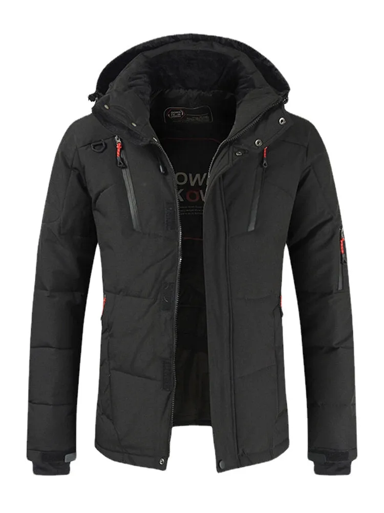 Mens Winter Warm Thicken Zipper Detail Solid Color Hooded Down Coat