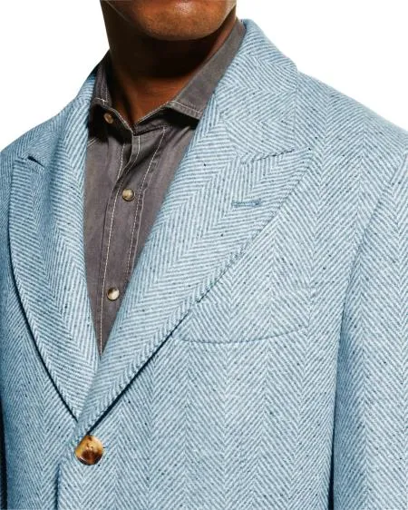 Mens Wool Carcoat - Light Blue Three Quarter Peak Lapel Topcoat