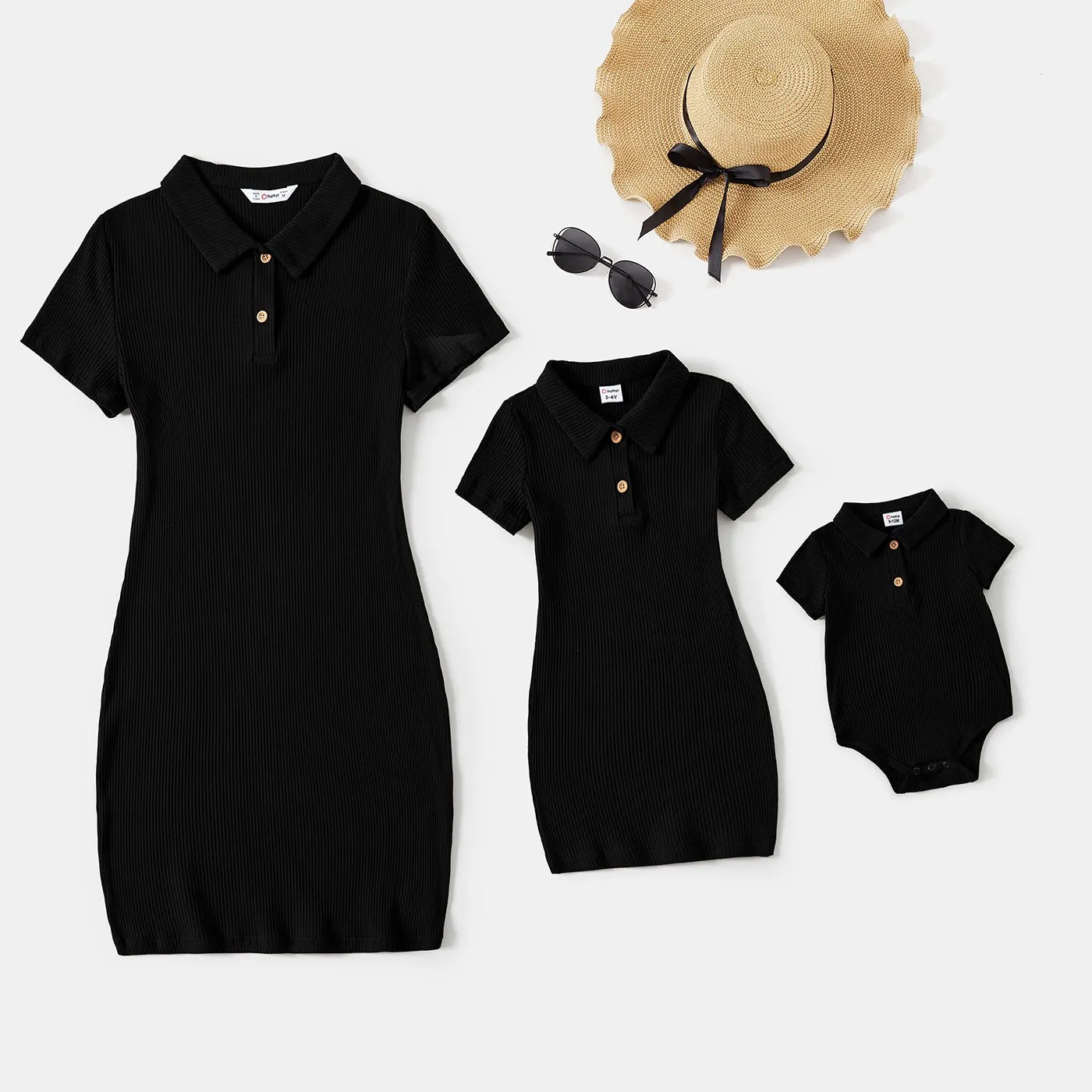 Mommy and Me Black Polo Neck Short-sleeve Dresses