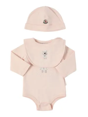 Moncler   Teddy bear cotton romper, hat &amp; bib 