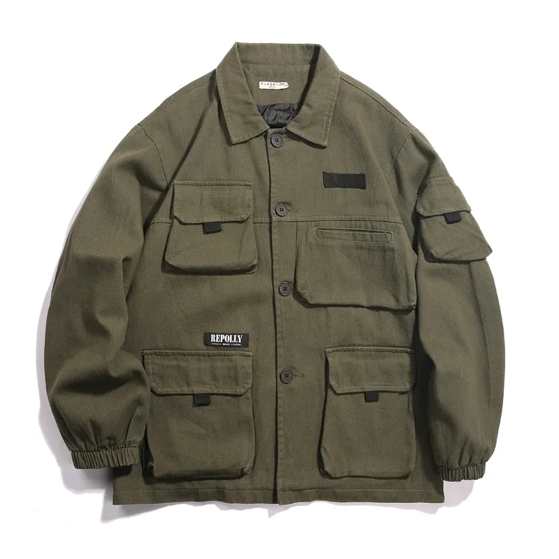 Multi-Pocket Turn-Down Collar Buttoned Jacket