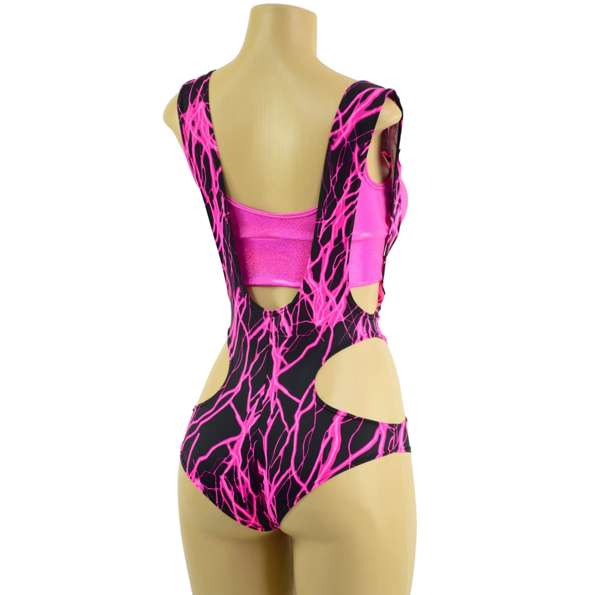 Neon Pink Lightning Hipnotic Suspender Romper and Starlette Bralette Set