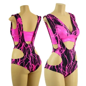 Neon Pink Lightning Hipnotic Suspender Romper and Starlette Bralette Set