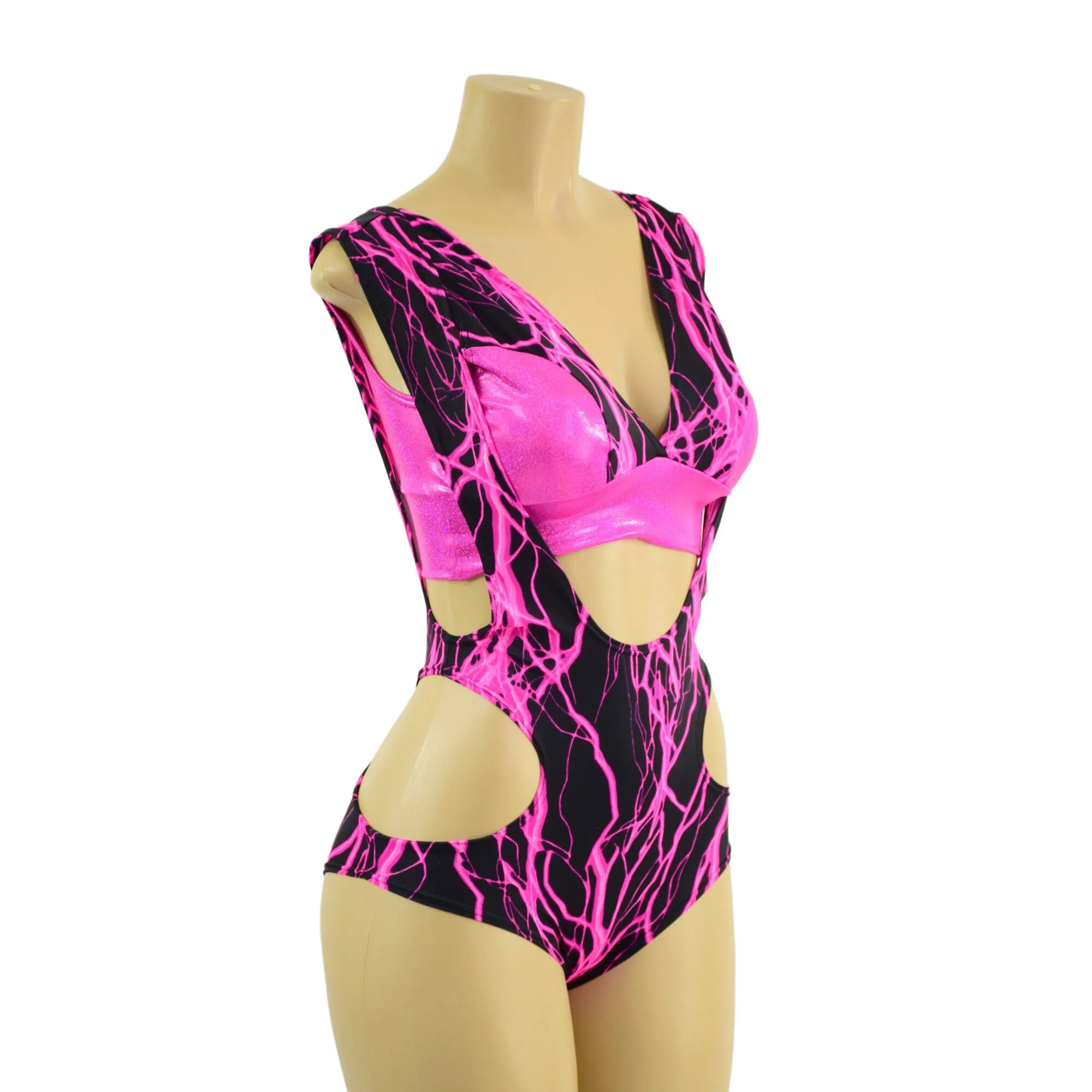 Neon Pink Lightning Hipnotic Suspender Romper and Starlette Bralette Set