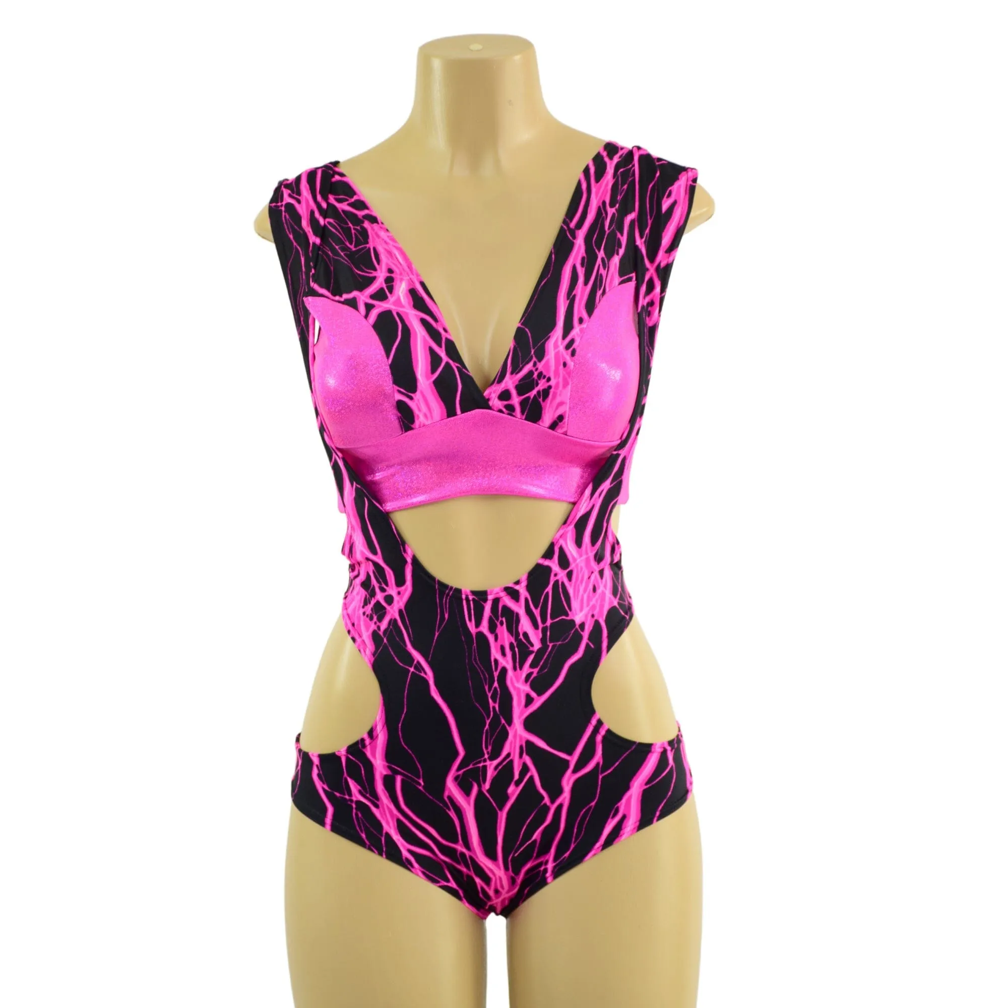 Neon Pink Lightning Hipnotic Suspender Romper and Starlette Bralette Set