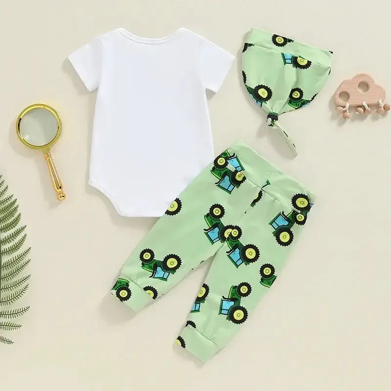 Newborn Boys Short Sleeve Tractor Print Romper Pants Hat Set