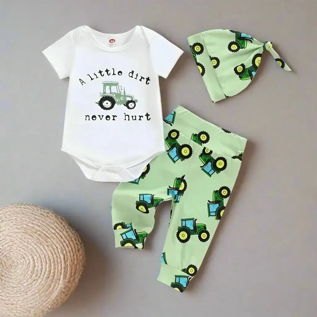 Newborn Boys Short Sleeve Tractor Print Romper Pants Hat Set