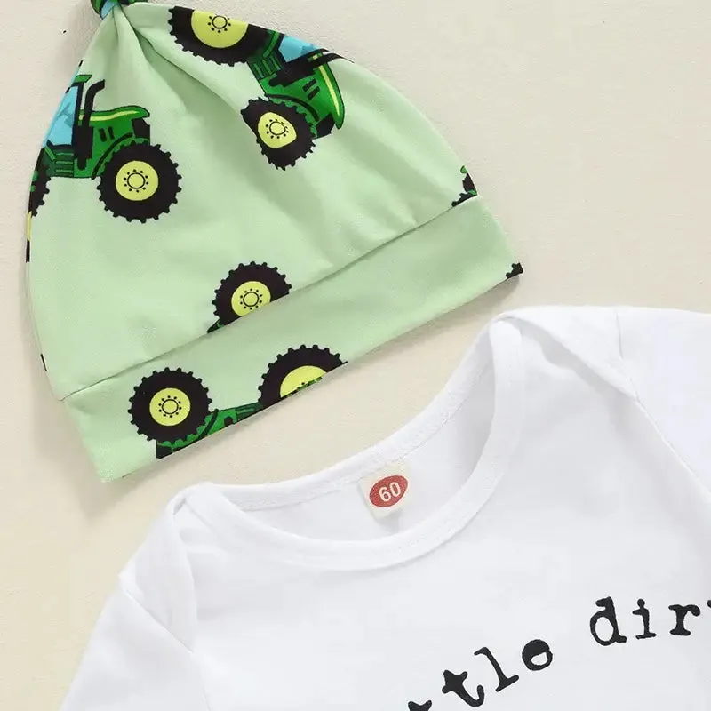 Newborn Boys Short Sleeve Tractor Print Romper Pants Hat Set