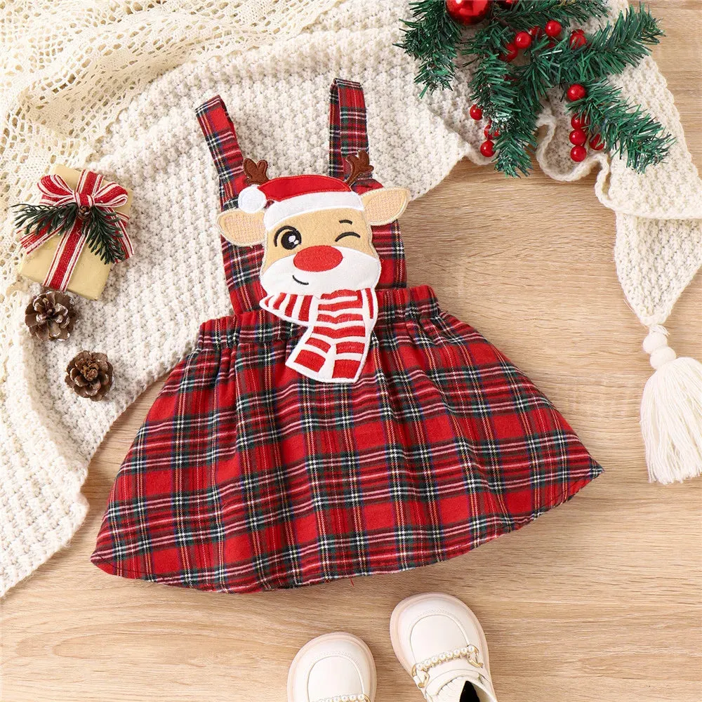 Newborn Infant Baby Girls Christmas Clothes Outfits Letter Print Romper Cartoon Deer Plaid Skirts Headwear Xmas Gifts Costume