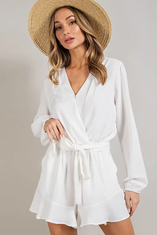 Off White V-neck Waist Tie Romper