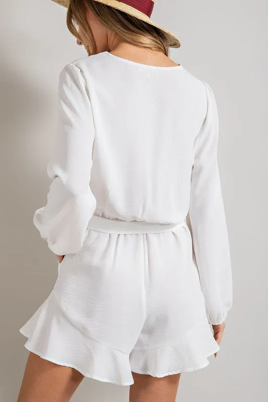 Off White V-neck Waist Tie Romper