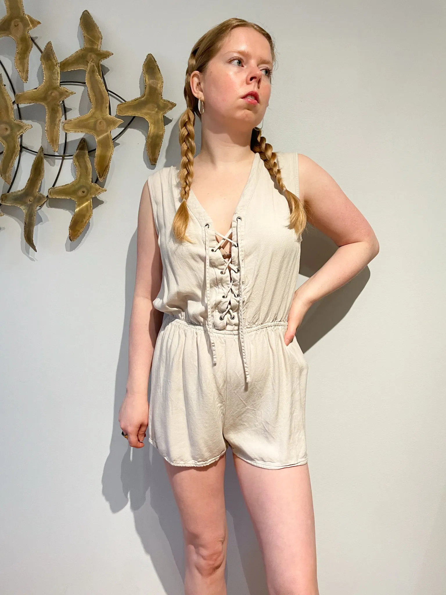 Offwhite Lace Up Front Romper - Medium