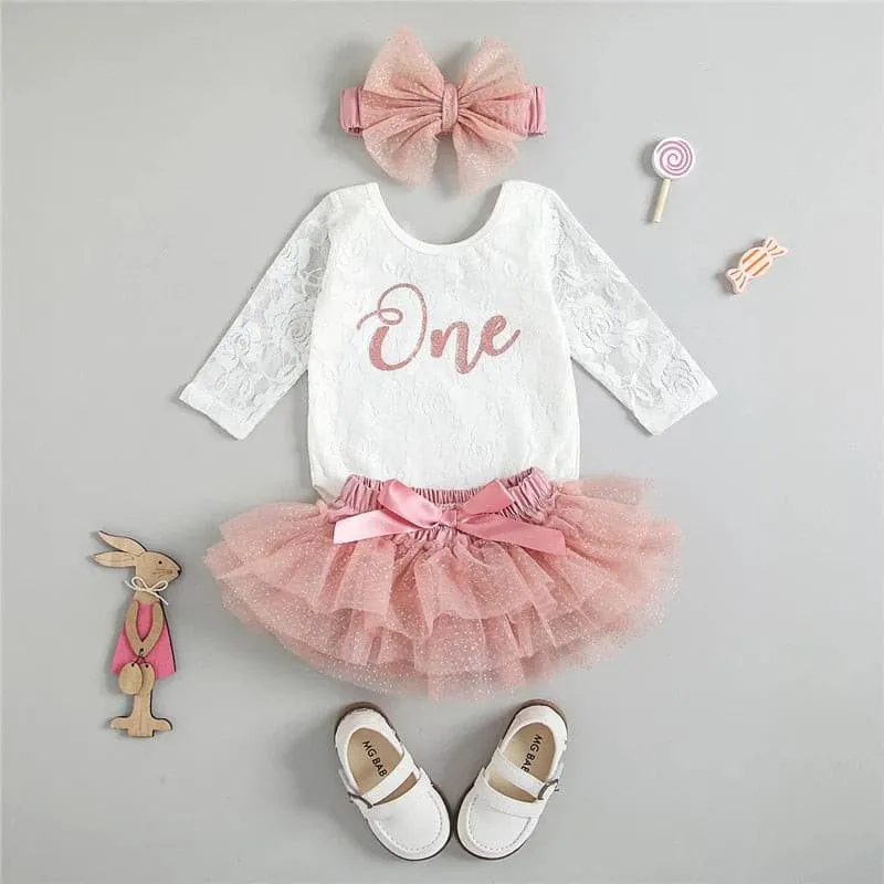 One Birthday - Girls First Birthday Lace Long Sleeve Romper Tutu Set