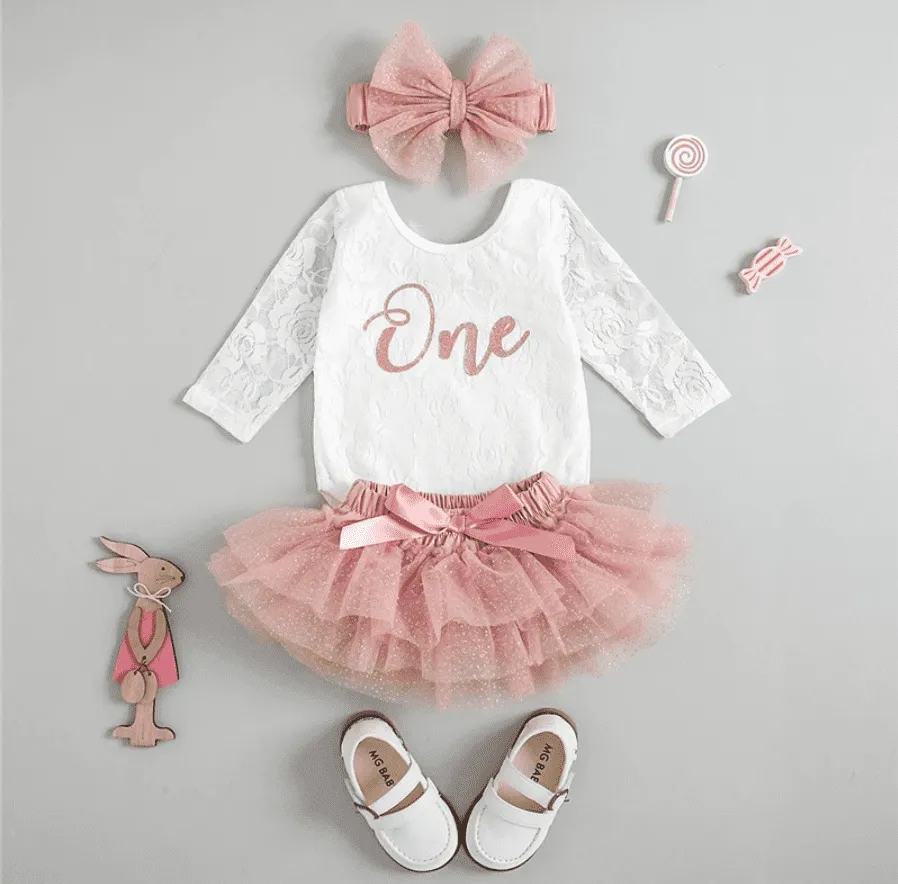 One Birthday - Girls First Birthday Lace Long Sleeve Romper Tutu Set