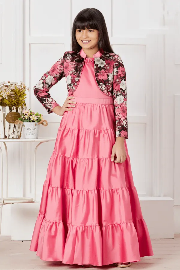 Peach Foil Print Overcoat Styled Long Gown For Girls