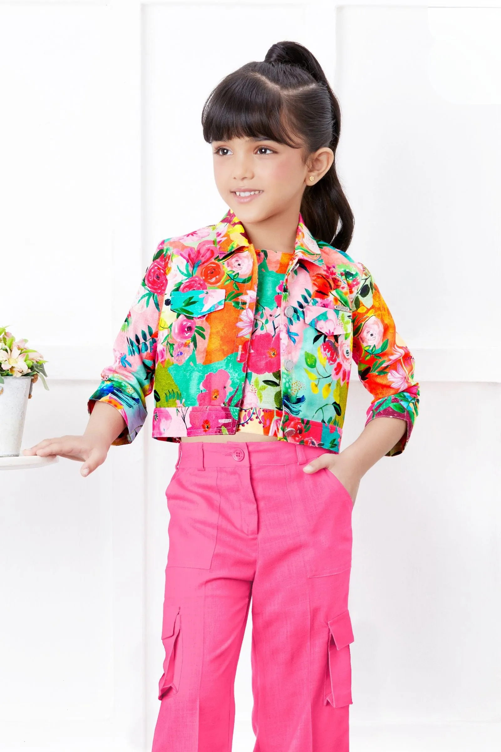 Pink with Multicolor Print Overcoat Styled Palazzo Set for Girls