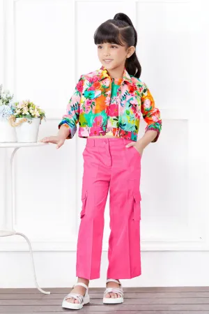 Pink with Multicolor Print Overcoat Styled Palazzo Set for Girls