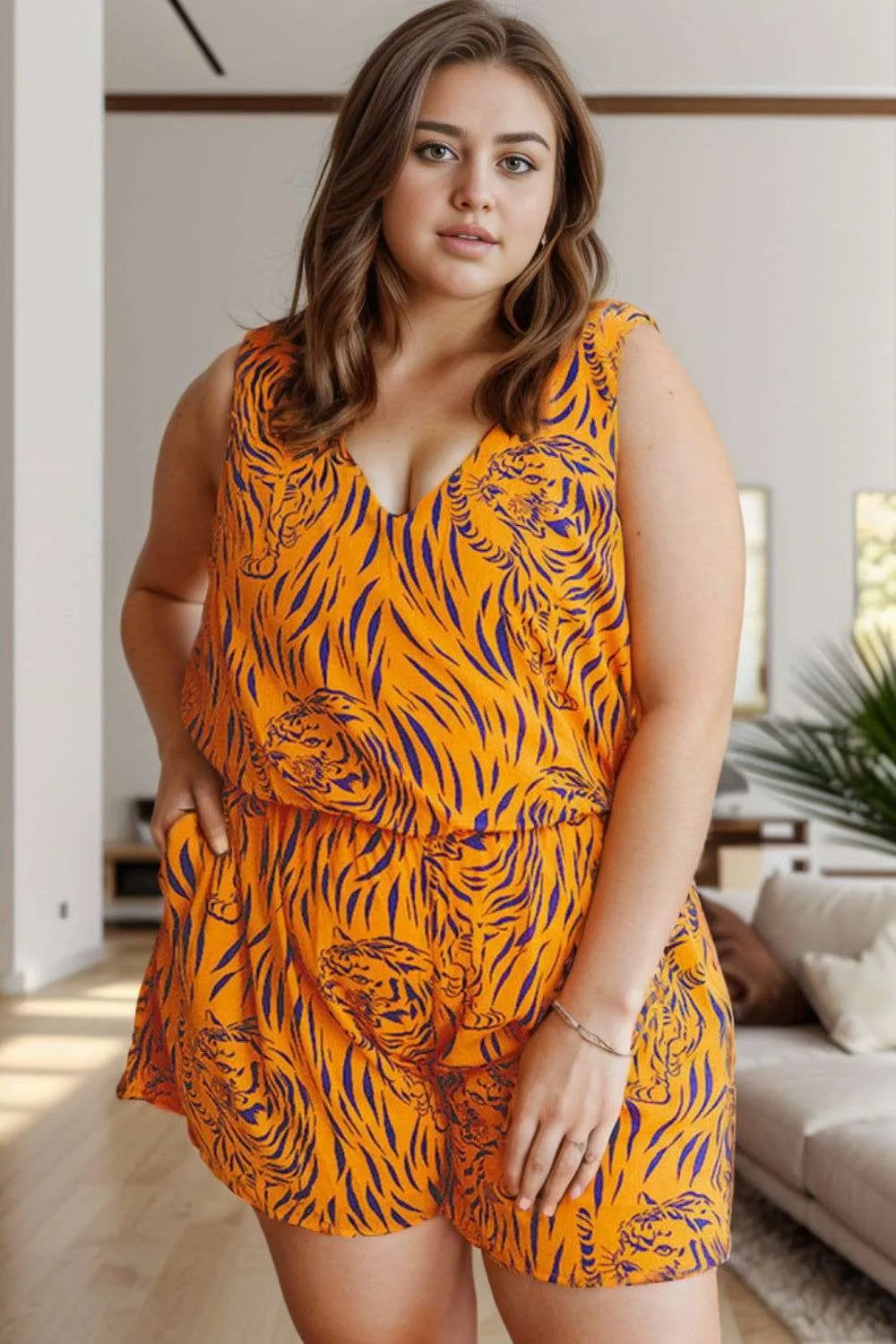 Plus Size Tiger Printed V-Neck Sleeveless Romper - Stylish Fit